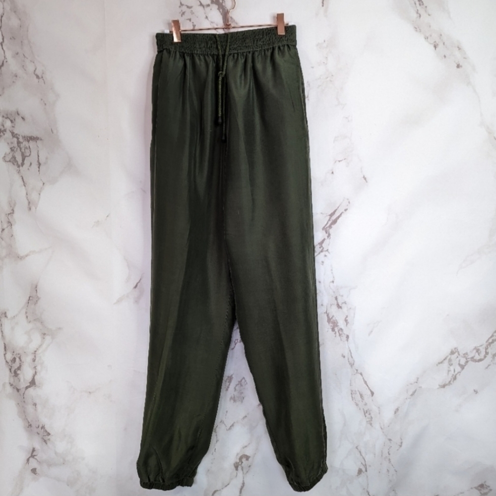 Vintage 100% Silk Exchange Green Baggy Joggers Pull On Pants Lined Women's M EUC